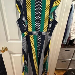 Yellow and Blue A-line Midi Dress with Flutter Sleeves
